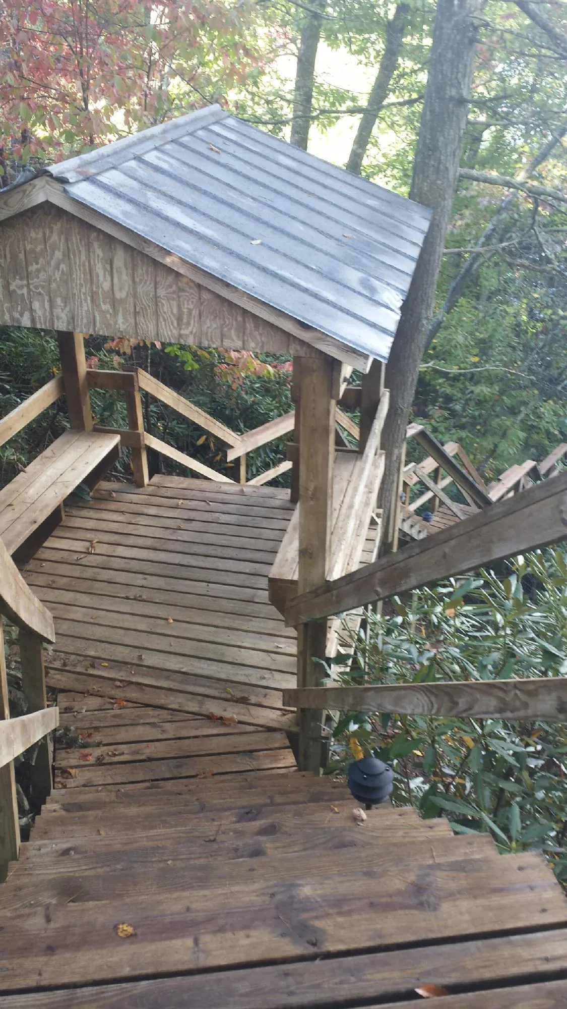 Metal roofed shelter over wooden steps on a wooded walkway — Skylight Repair & Installation work by our crew in Spottsville